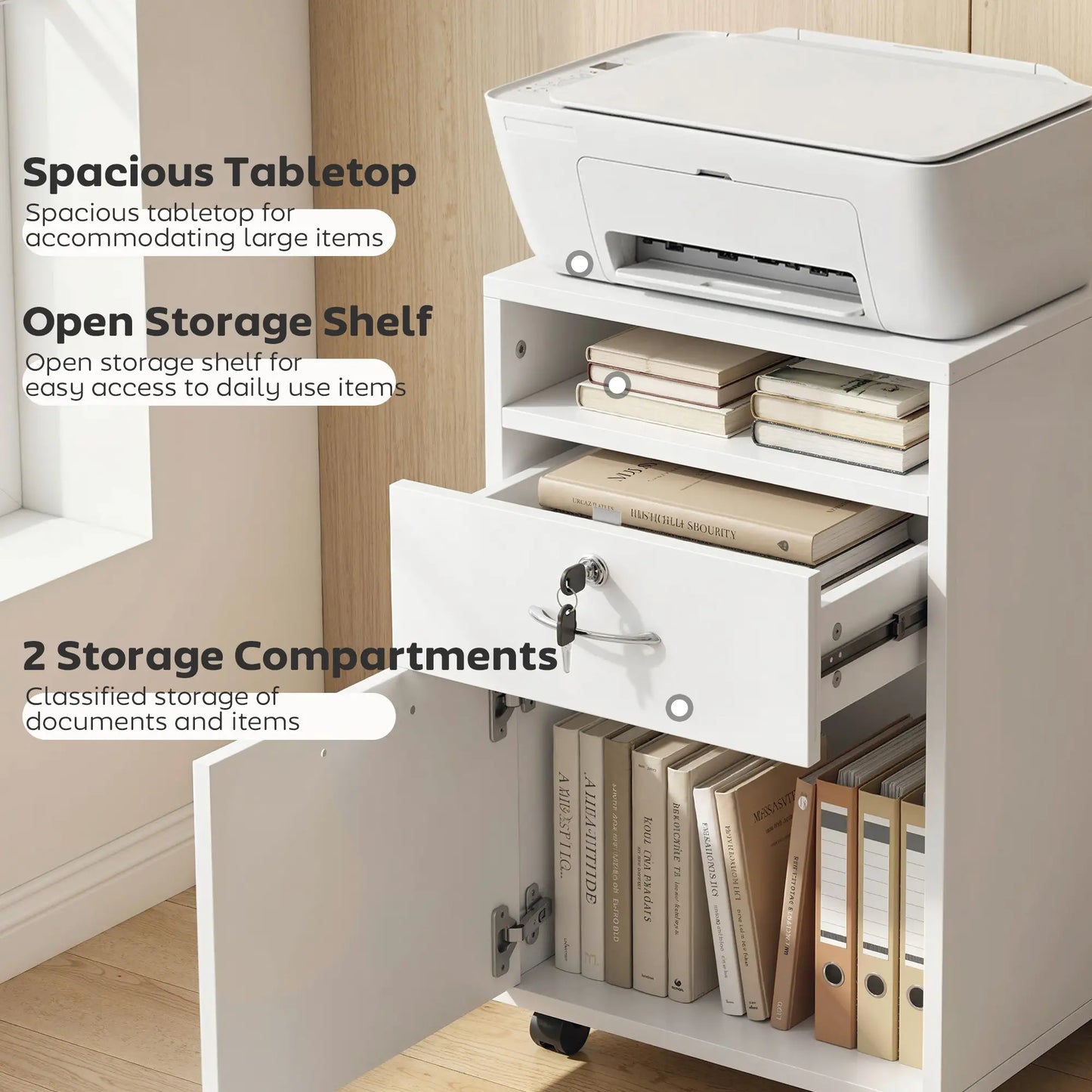 24" Vertical Filing Cabinet with Lock, Mobile, White Office Cabinets & Cupboards at Gallery Canada