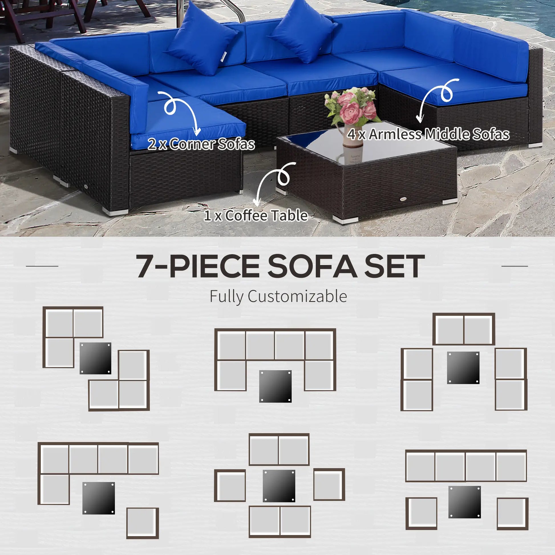 7-Piece Outdoor Rattan Furniture Set, Patio Wicker Sectional Sofa, Blue Patio Furniture Sets at Gallery Canada