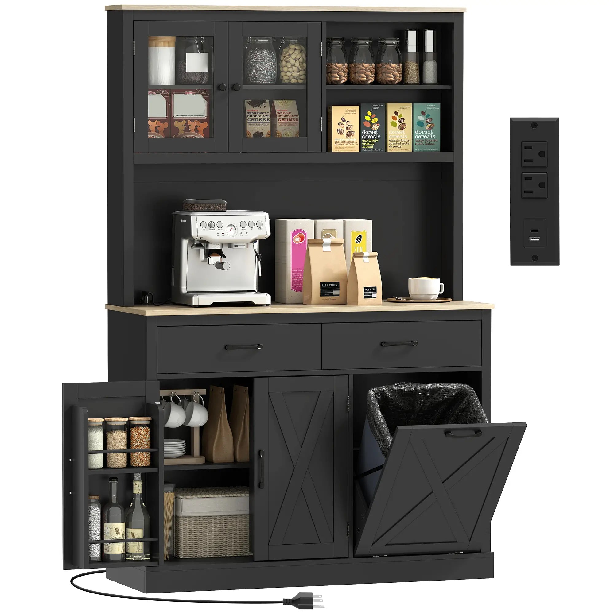69 Inch Pantry Cabinet with Charging Station, Microwave Stand, Tilt-Out Trash Can, Black Kitchen Pantry Cabinets at Gallery Canada