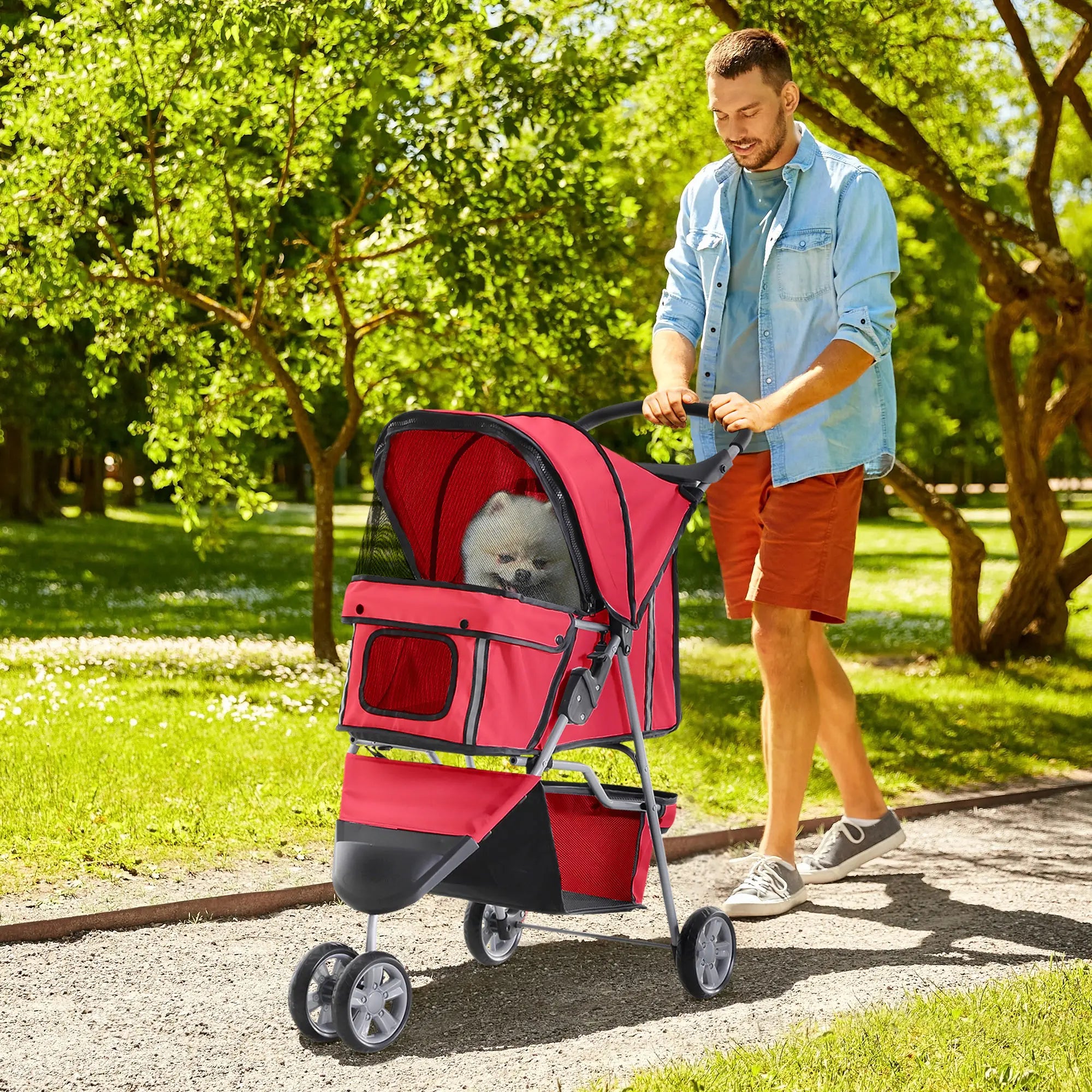 3 Wheel Foldable Dog Stroller, Storage Basket, Adjustable Canopy, Cupholder, Red Dog Bike Trailers & Strollers at Gallery Canada