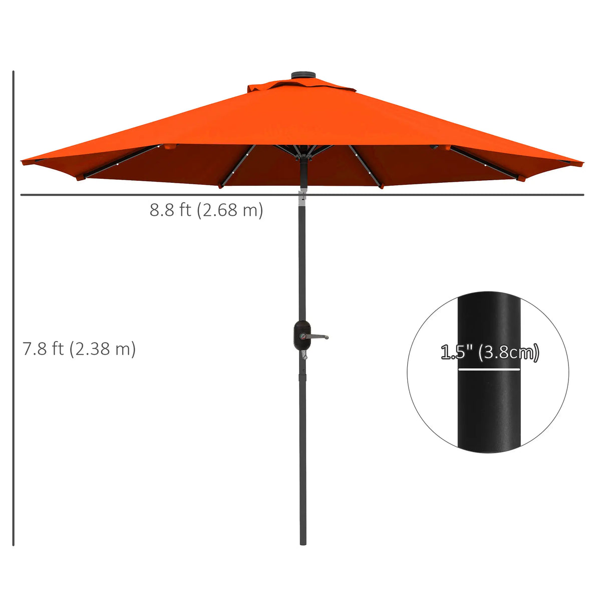Parapluie de patio solaire de 9 pieds, 24 lumières LED, auvent inclinable, orange