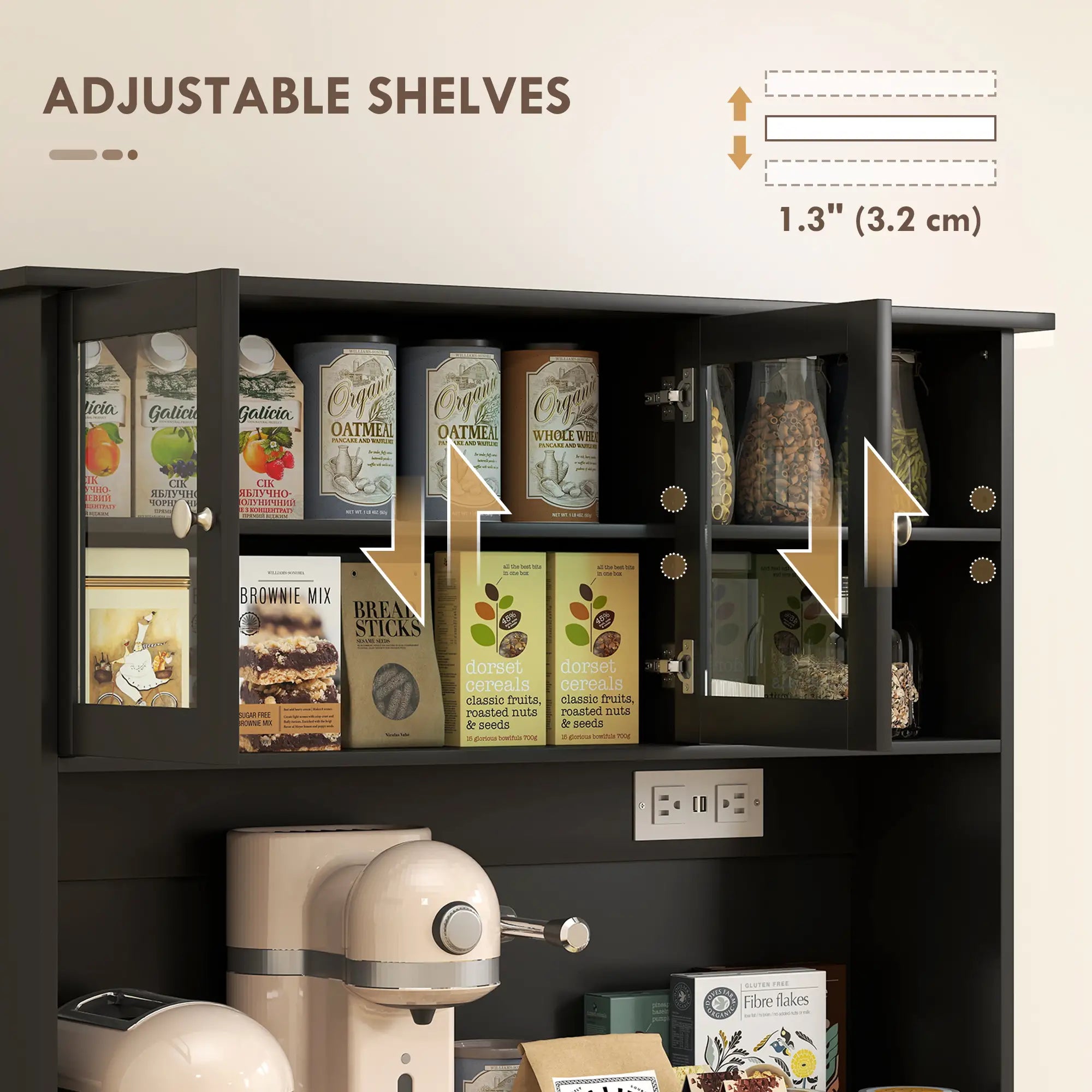 Kitchen Cabinet with Charging Station, 2 Tilt Out Cabinets, Microwave Stand, Black Kitchen Pantry Cabinets at Gallery Canada