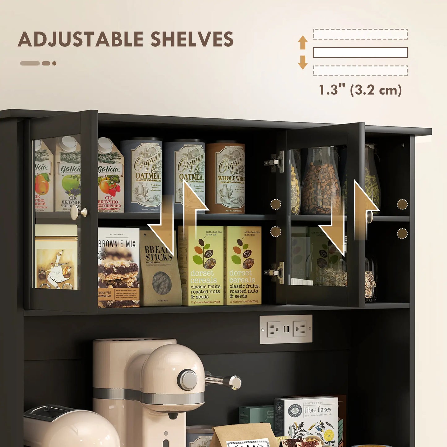 Kitchen Cabinet with Charging Station, 2 Tilt Out Cabinets, Microwave Stand, Black Kitchen Pantry Cabinets at Gallery Canada