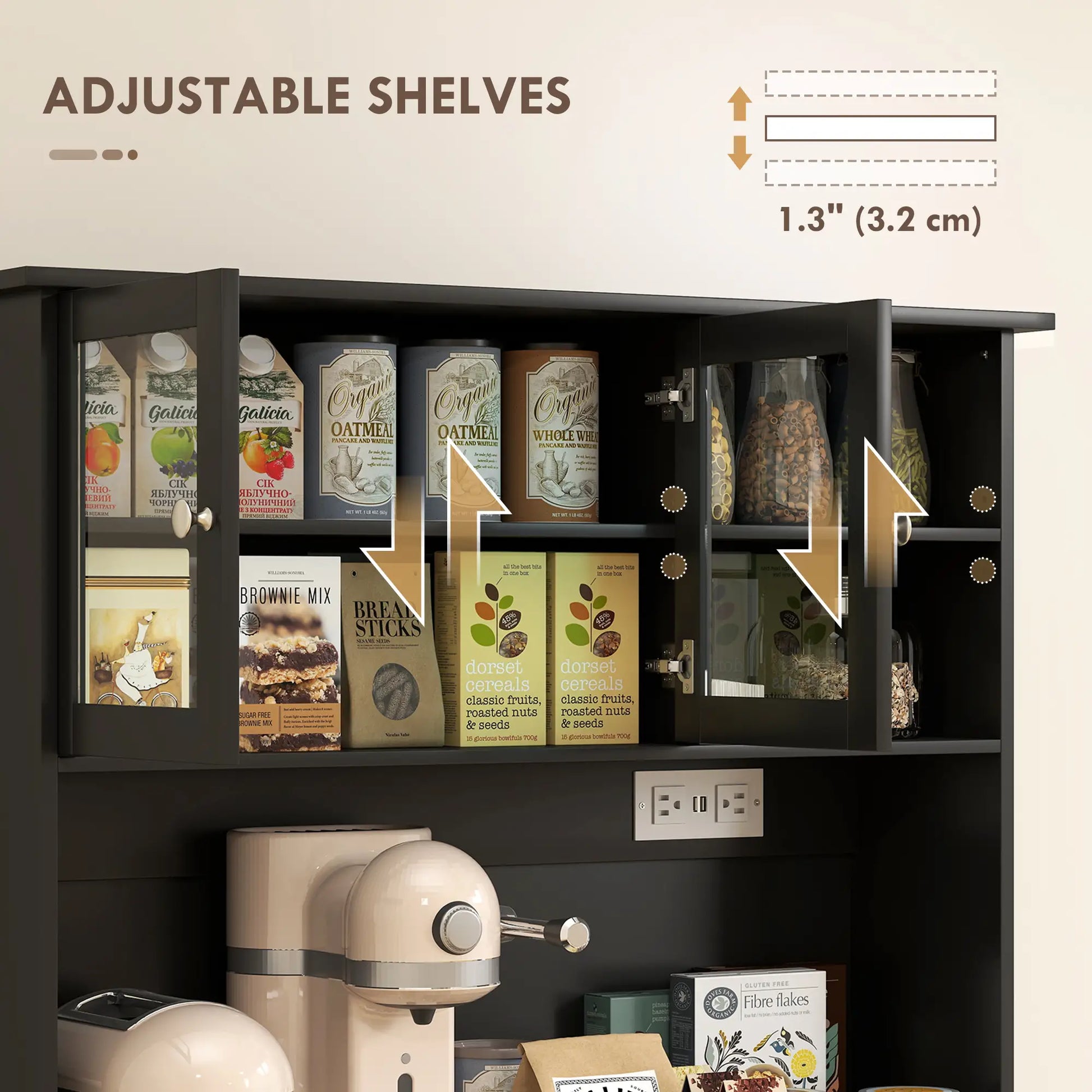 Kitchen Cabinet with Charging Station, 2 Tilt Out Cabinets, Microwave Stand, Black Kitchen Pantry Cabinets at Gallery Canada