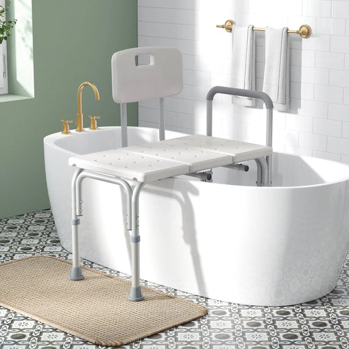6-Level Adjustable Bath and Shower Transfer Bench Aluminum Chair with Non-Slip Feet, Armrest &; Backrest White