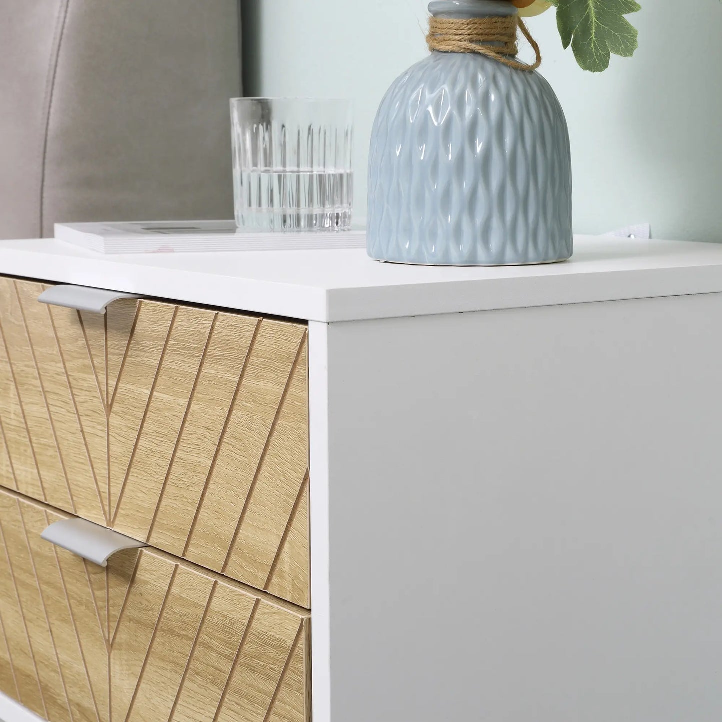 Modern Bedside Table, 2 Drawers, Steel Frame, Oak, White Bedside Tables at Gallery Canada