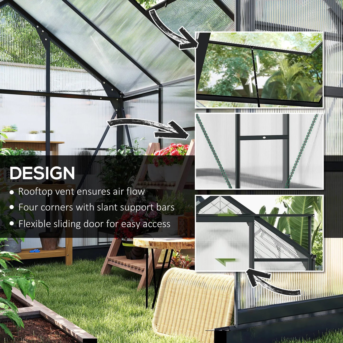 Greenhouse Garden, Outdoor Kit, PC Board Sliding Door, 6.2' x 8.3' x 6.6', Grey Walk In Greenhouses at Gallery Canada