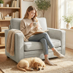 Grey Velvet Fabric Armchair, Wide Seat Spring Cushion, Solid Wood Legs, Grey