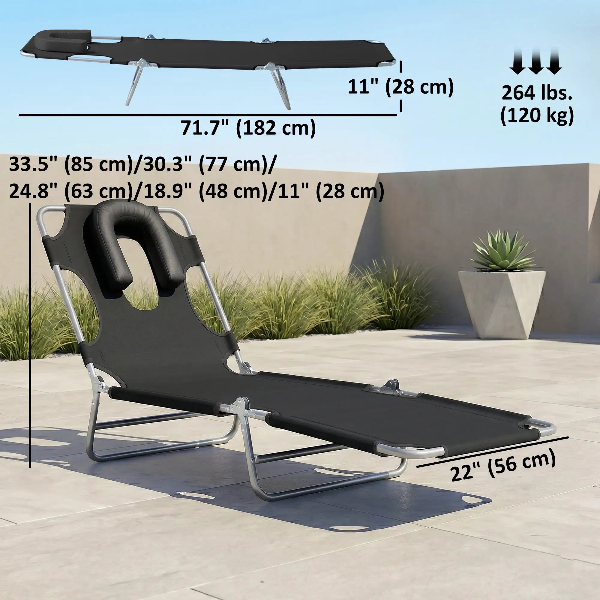 Adjustable Folding Chaise Lounge, Outdoor Tanning Chair, Black Lounger Chairs at Gallery Canada