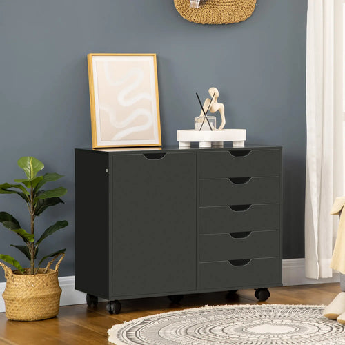 5-Drawer Lateral Filing Cabinet with Door, Adjustable Shelf, Wheels, Black