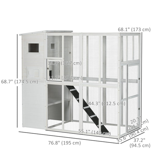 68.7" H Cat Cage Large Wooden Outdoor Cat House with Large Run for Play, Catio for Lounging, and Condo Area for Sleeping, White - Gallery Canada