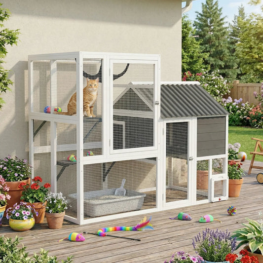 Large Catio, 63" L Outdoor Cat House with 4-Way Door, Hammock, 2 Platforms Outdoor Cat Enclosures White, Grey, Black at Gallery Canada