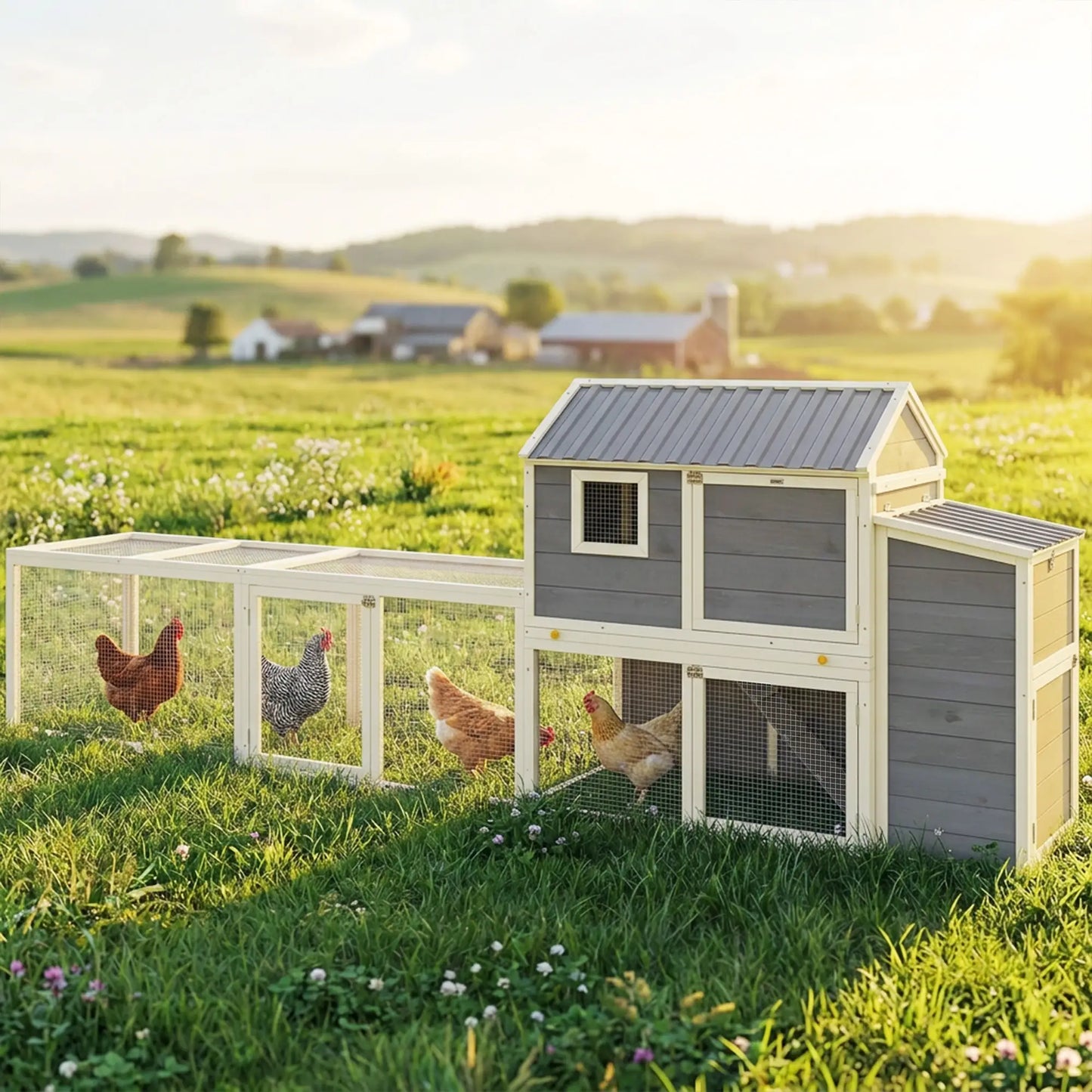 Large Chicken Coop, 134"L Wooden House With Run, Nesting Box, Slide-Out Tray Chicken Coops at Gallery Canada