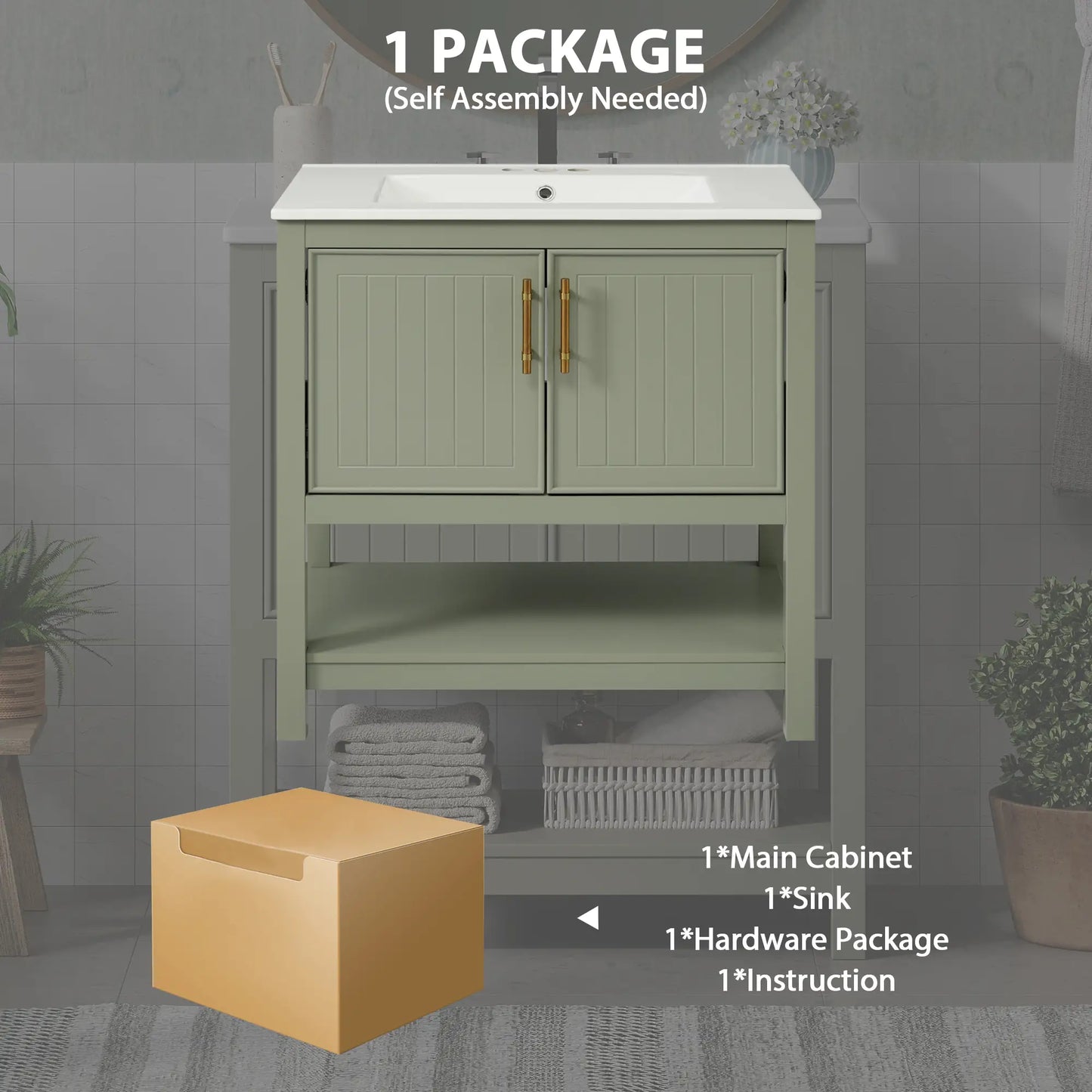 Bathroom Vanity with Ceramic Sink, Soft Close Doors, 30" L x 18.5" W x 34" H, Green+White Sink Cabinets at Gallery Canada