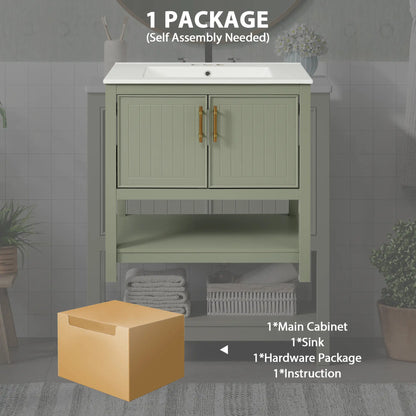 Bathroom Vanity with Ceramic Sink, Soft Close Doors, 30" L x 18.5" W x 34" H, Green+White Sink Cabinets at Gallery Canada