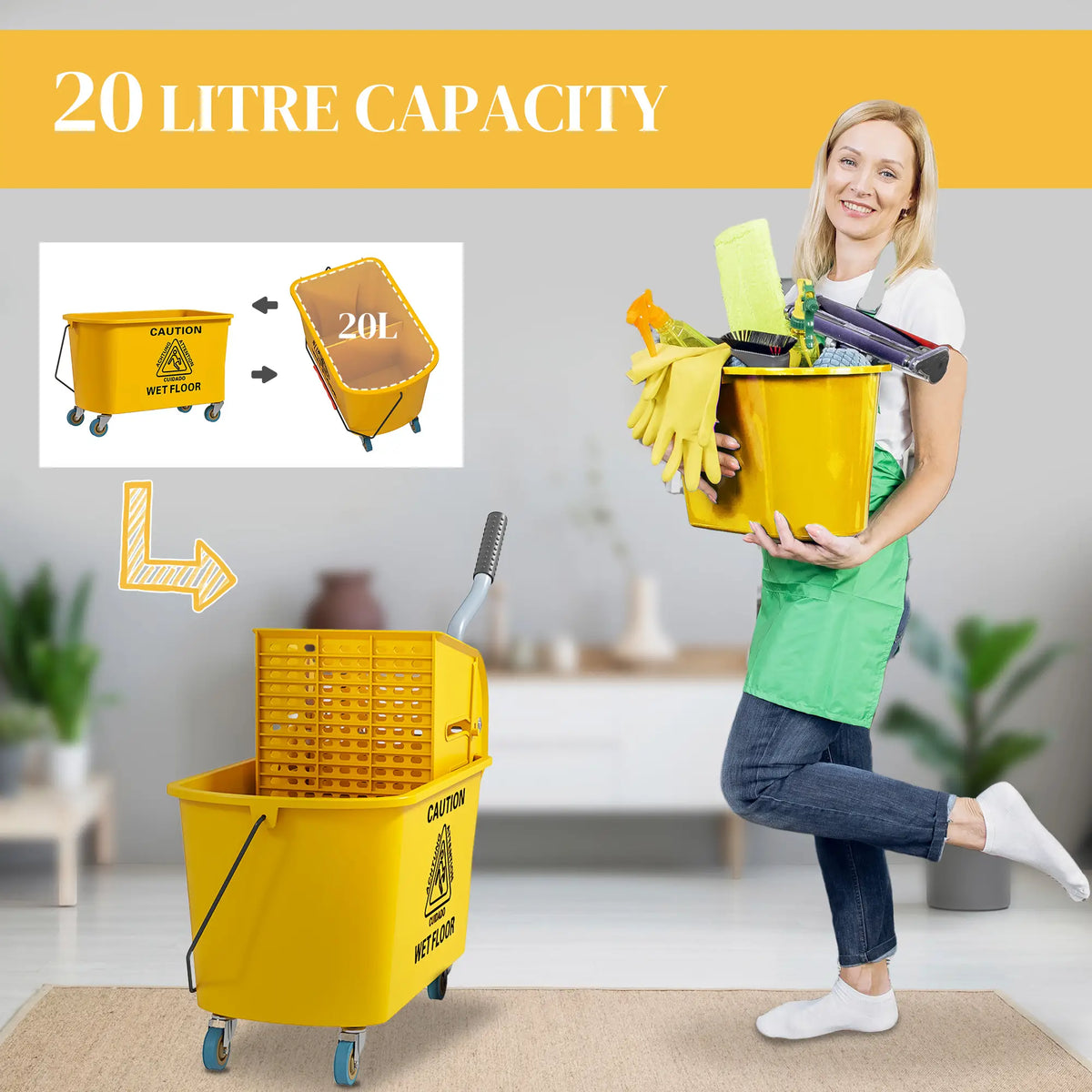 Mop Bucket with Wringer on Wheels, 21 Quart, Yellow Household Supplies at Gallery Canada