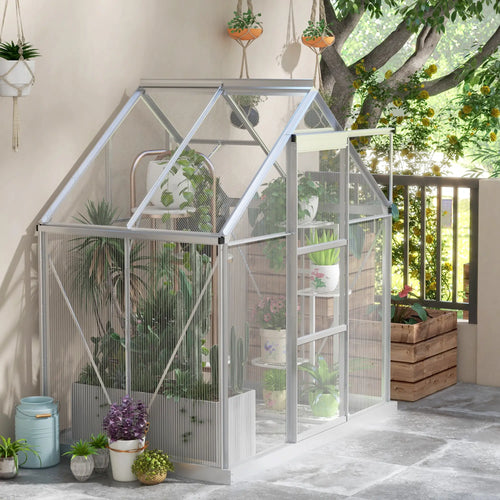 6' x 4' Walk-In Greenhouse, Polycarbonate, Sliding Door, Window, Aluminium Frame, Silver