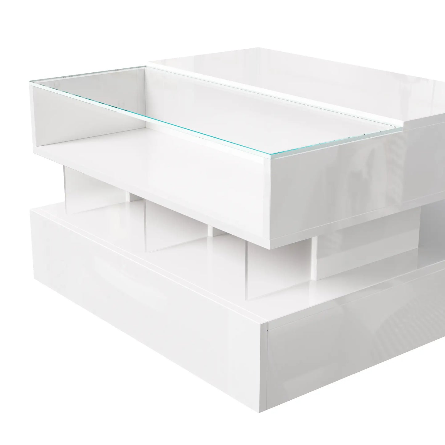 Glass Top LED Coffee Table, Storage Drawer, Adjustable Height, 26" L x 21.5" W x 21.5" H, White Coffee Tables at Gallery Canada