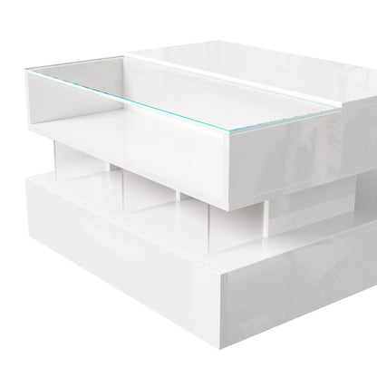 Glass Top LED Coffee Table, Storage Drawer, Adjustable Height, 26" L x 21.5" W x 21.5" H, White Coffee Tables at Gallery Canada