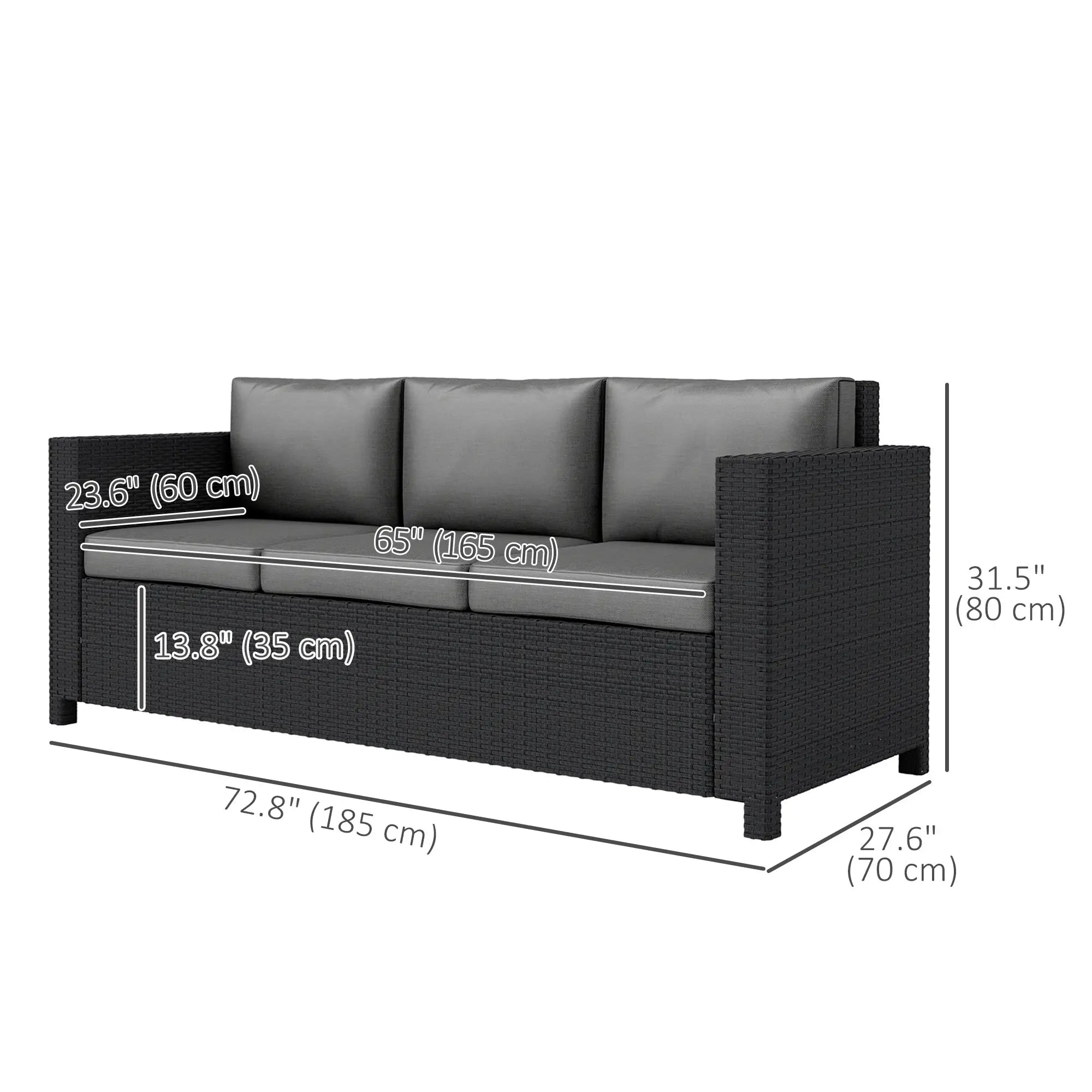 3 Seat Rattan Wicker Sofa, Outdoor Patio Furniture with Cushion, Grey Patio Furniture Sets at Gallery Canada