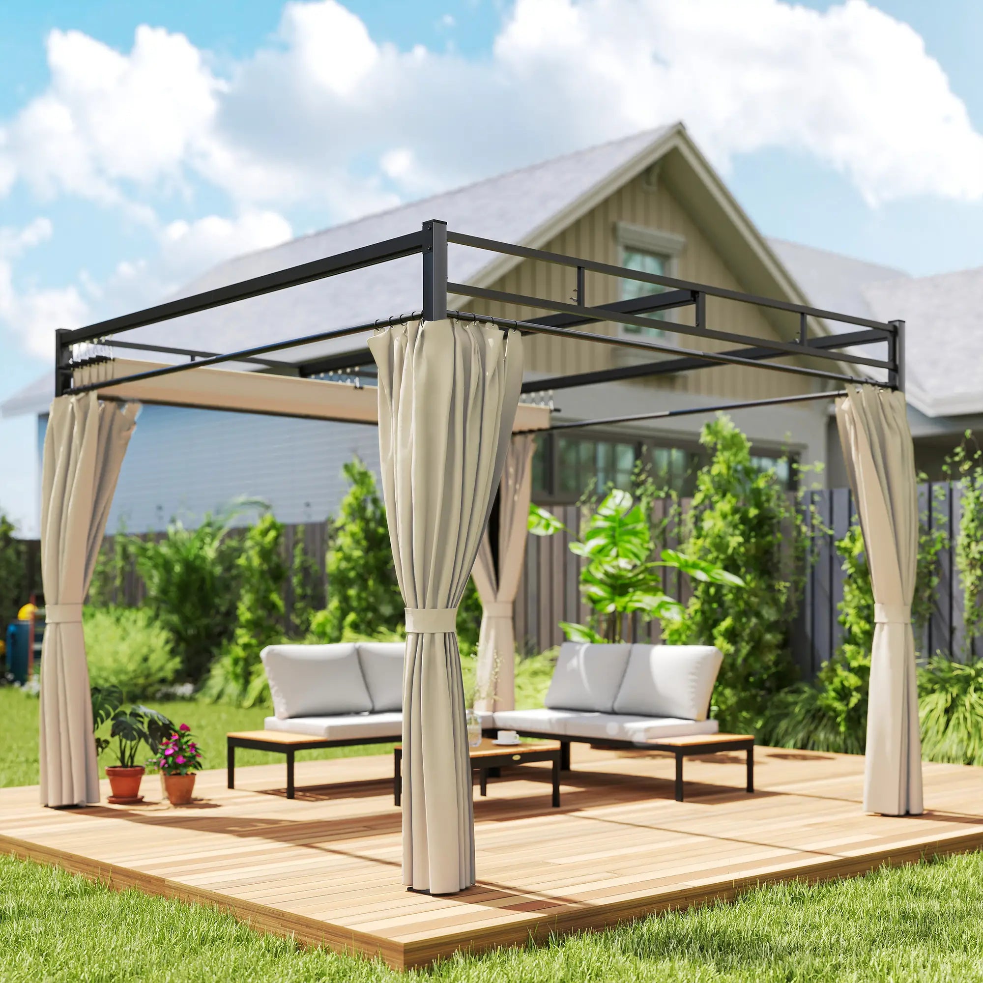 10' x 10' Outdoor Gazebo, Retractable Pergola Canopy With Curtains, Beige Pergolas at Gallery Canada