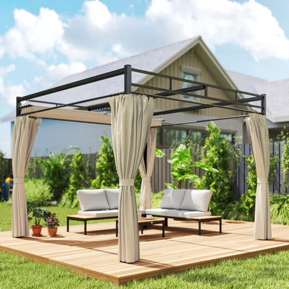 10' x 10' Outdoor Gazebo, Retractable Pergola Canopy With Curtains, Beige Pergolas at Gallery Canada