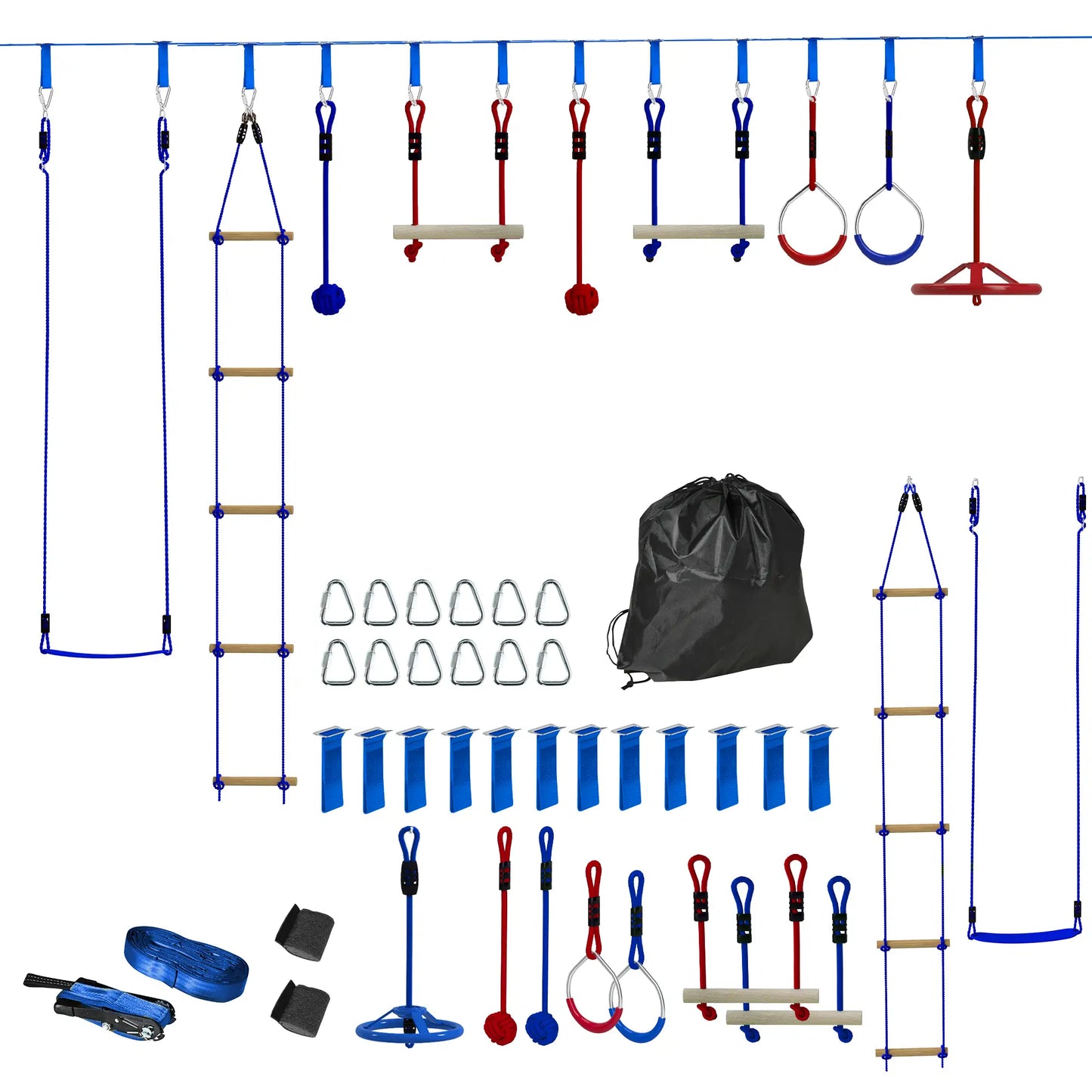 32.8' Kids Ninja Warrior Course, Swing, Monkey Bars, Ladder, Gym Rings, Blue Gym Sets & Swings Blue at Gallery Canada