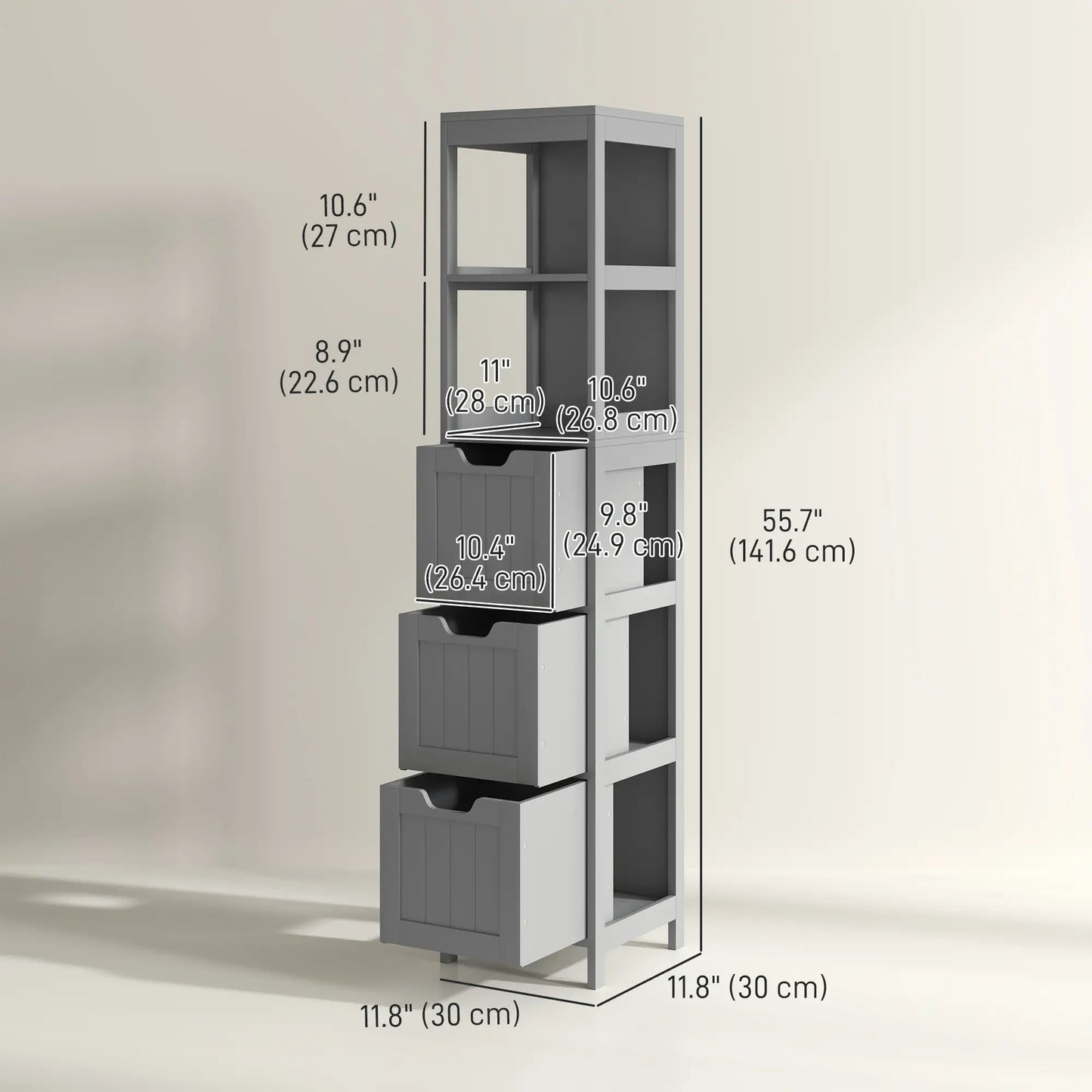 Narrow Bathroom Cabinet, 3 Drawers, 2 Tier Shelf, Tall Cupboard, Grey Bathroom Cabinets at Gallery Canada