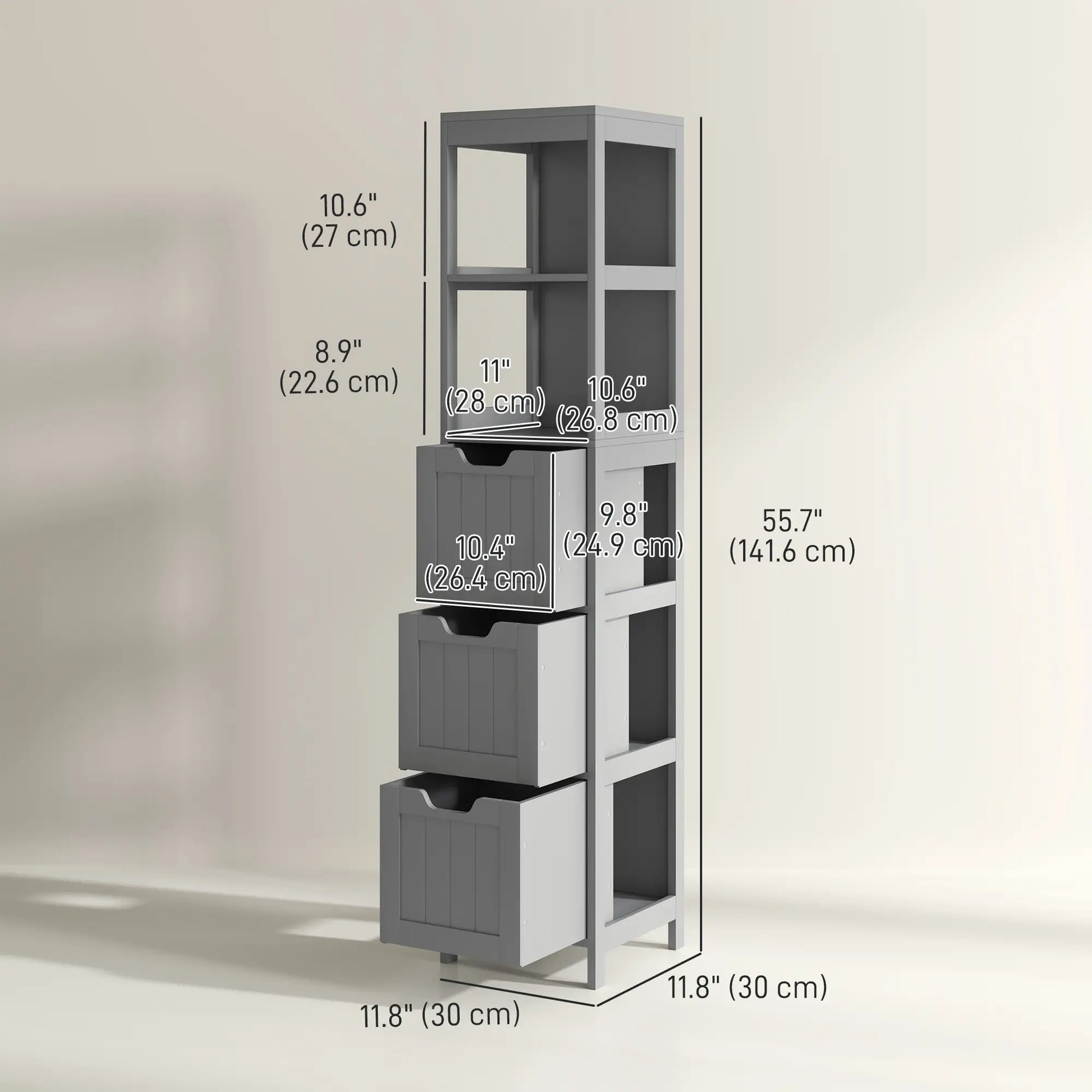 Narrow Bathroom Cabinet, 3 Drawers, 2 Tier Shelf, Tall Cupboard, Grey Bathroom Cabinets at Gallery Canada
