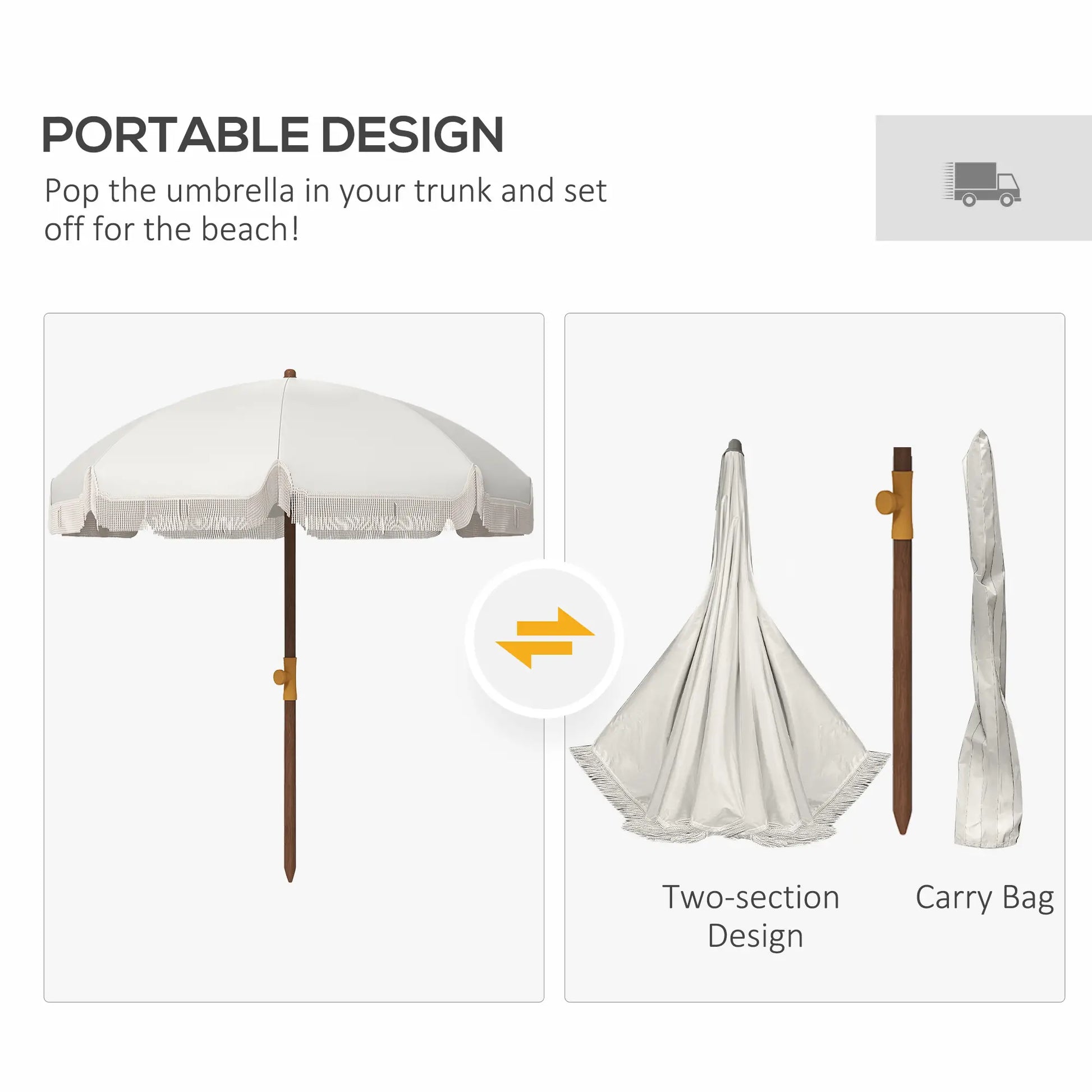 6.2' Travel Beach Umbrella, Vent, Ruffles, Carry Bag, Cream White Beach Umbrellas at Gallery Canada