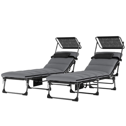 2 PCS Folding Chaise Lounge Chairs, Adjustable 5-Position, Cushion, Canopy, Side Pocket