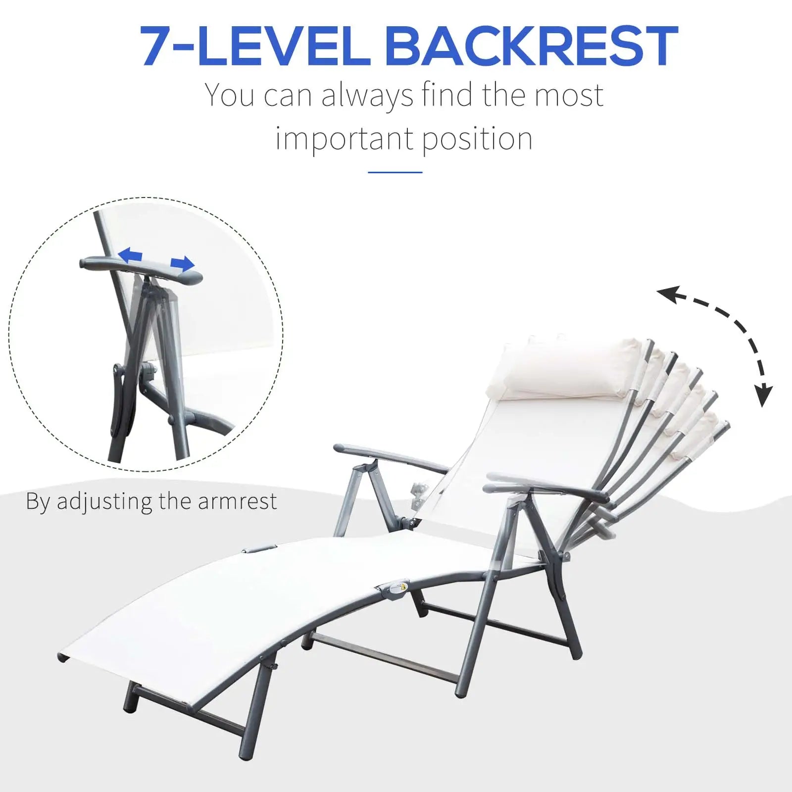 Heavy Duty Adjustable Folding Chair, Outdoor Sun Lounger, 7 Positions, Cream Lounger Chairs at Gallery Canada