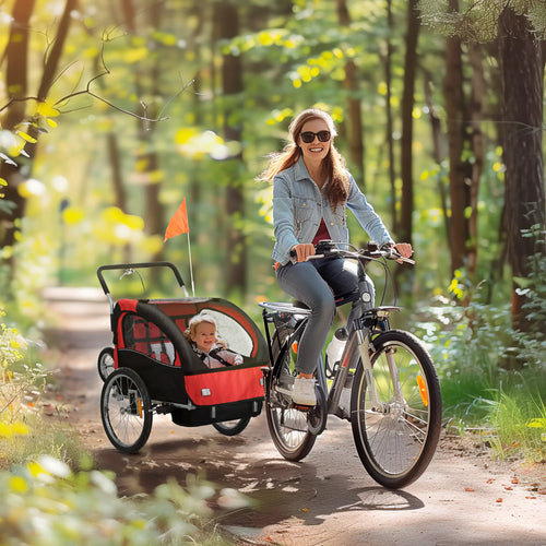 2-in-1 Bike Trailer, Foldable 2-Seat Stroller, 5-Point Harness, Red