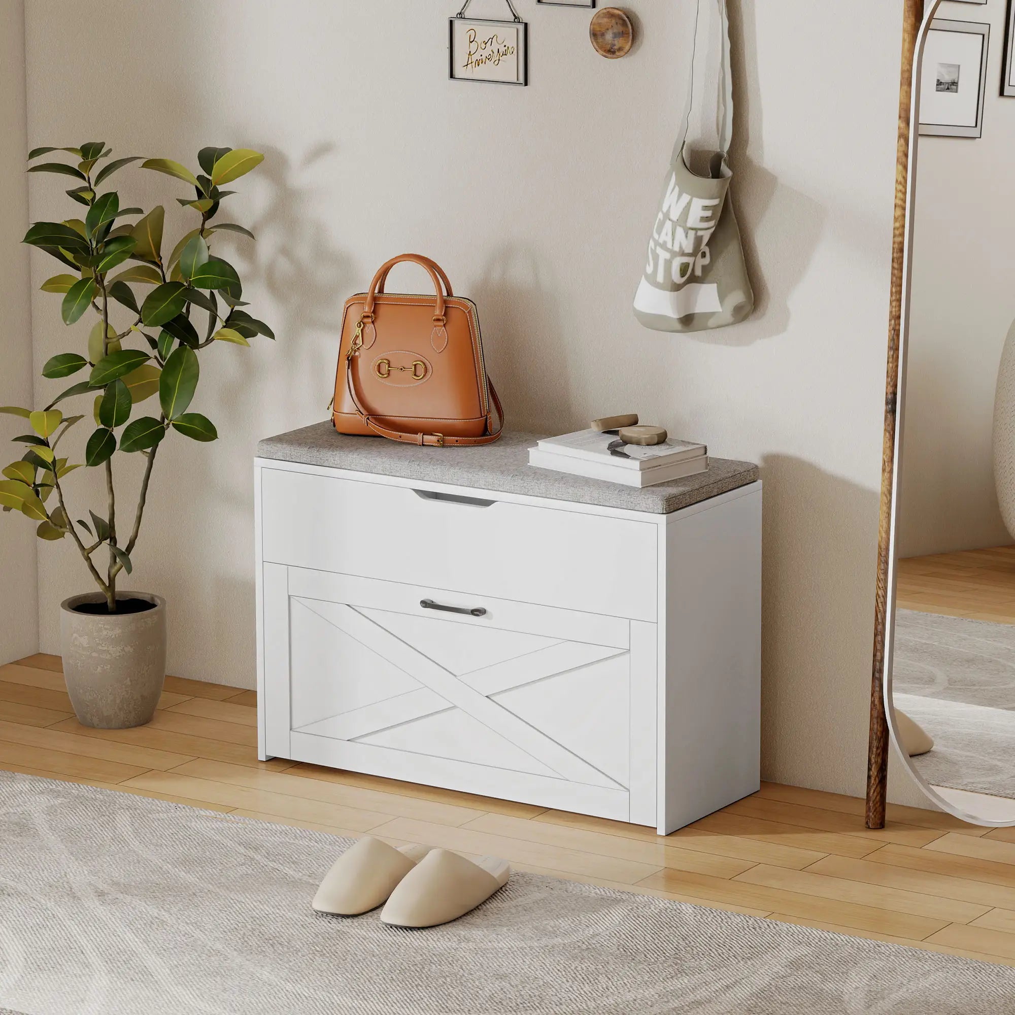 Shoe Storage Bench with Flip Drawer, Lift Top, Seat Cushion, White Shoe Storage Cabinets & Racks at Gallery Canada