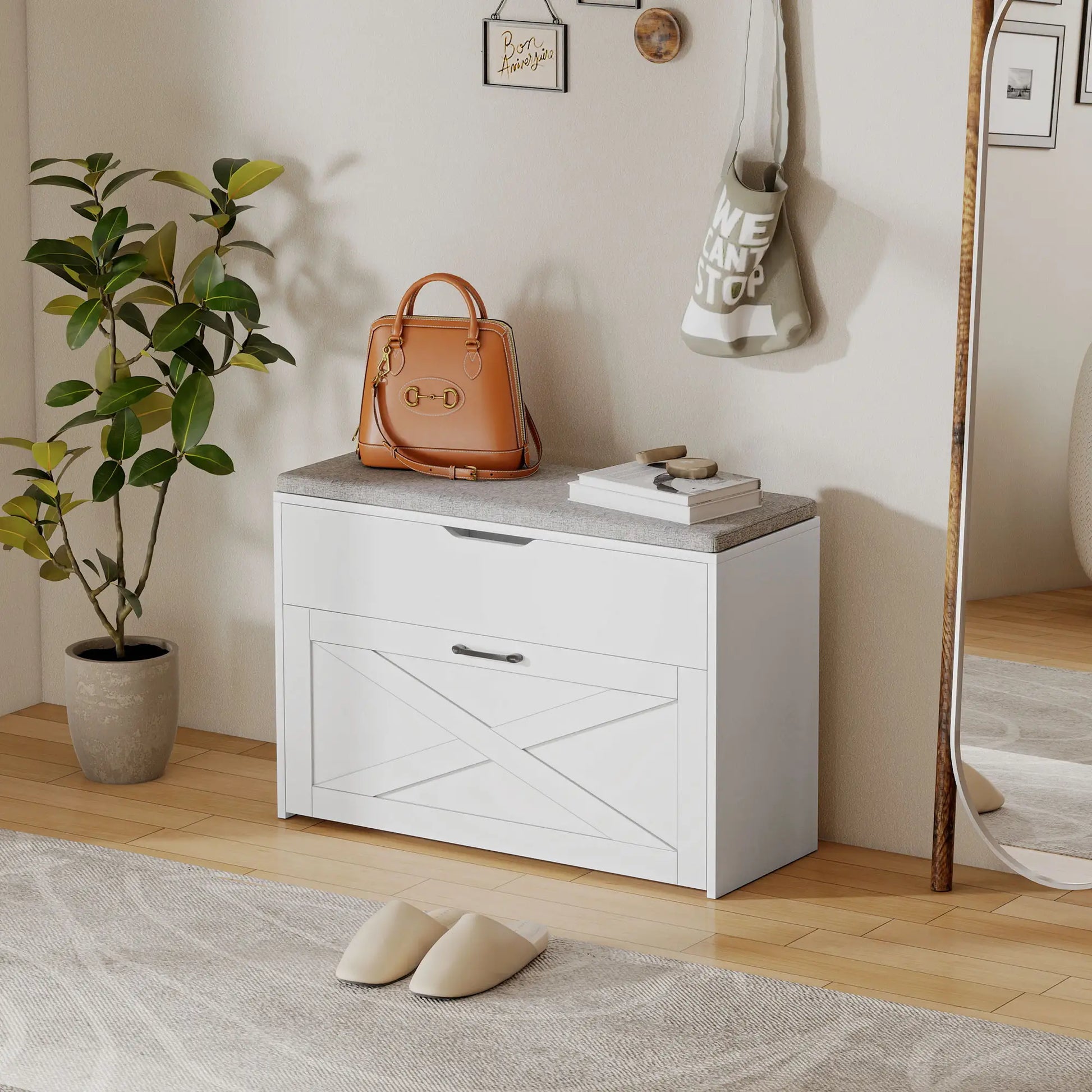 Shoe Storage Bench with Flip Drawer, Lift Top, Seat Cushion, White Shoe Storage Cabinets & Racks at Gallery Canada