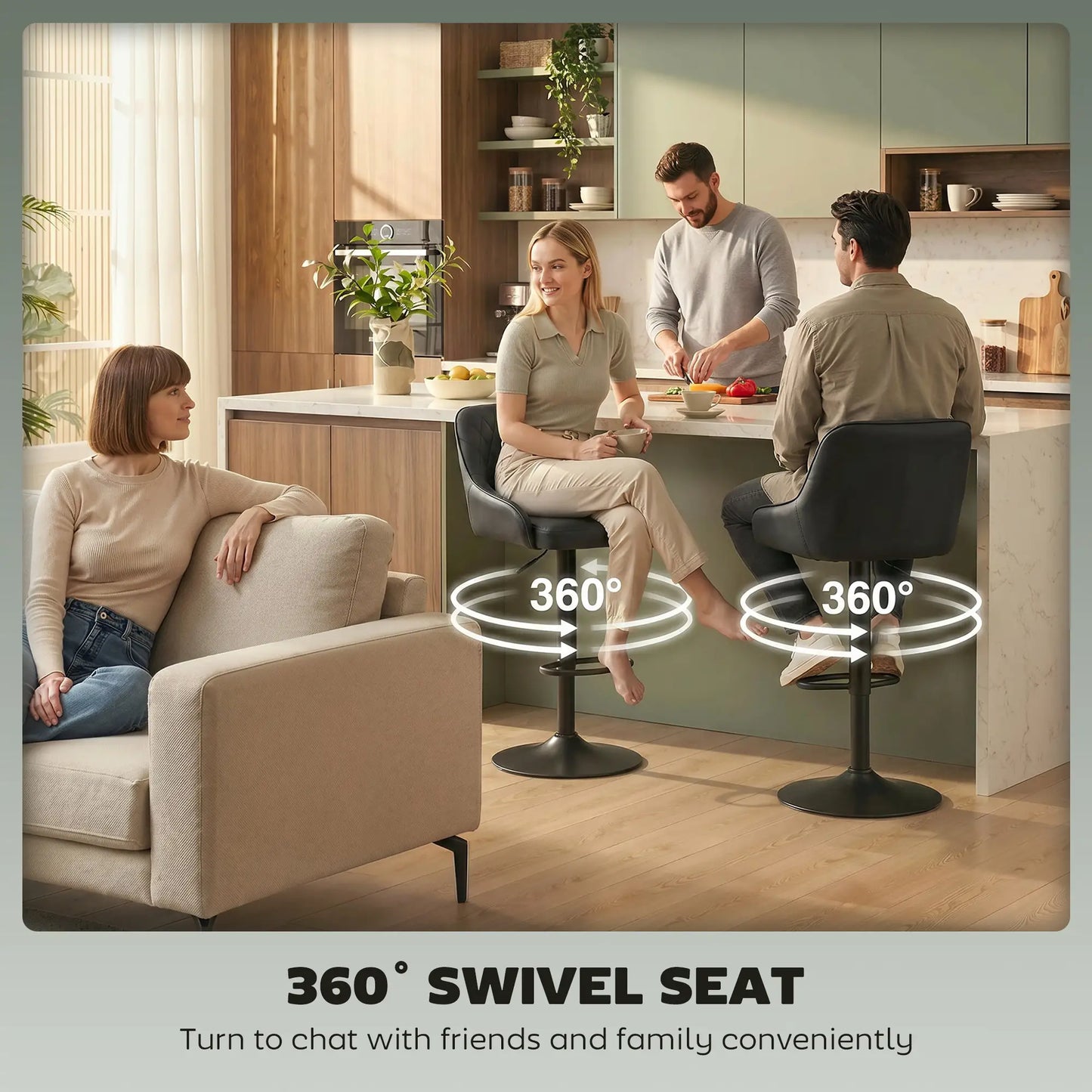 Adjustable Swivel Bar Stools With Backrest, Set Of 2, Black