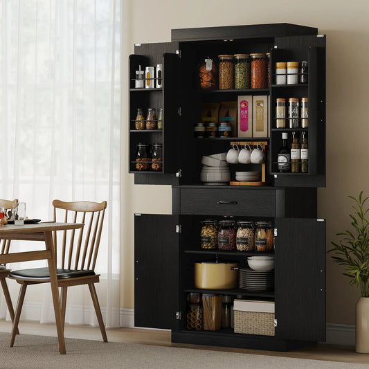 72 Inch Kitchen Pantry Cabinet, Farmhouse Storage, 4 Barn Doors, Black Kitchen Pantry Cabinets Black at Gallery Canada