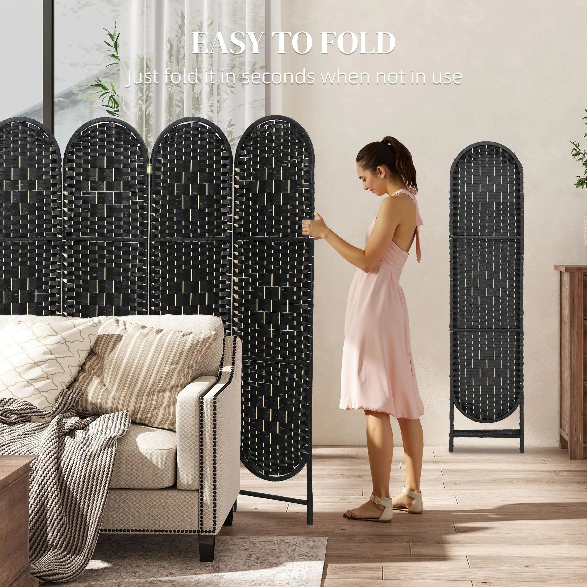 Bohemian Privacy Screen, 6 Panel Folding Room Divider, Arched Top, Black Room Dividers at Gallery Canada