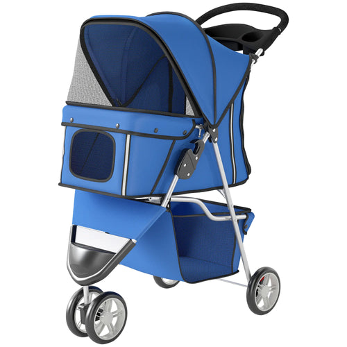 Foldable 3 Wheel Dog Stroller, Storage Basket, Adjustable Canopy, Blue