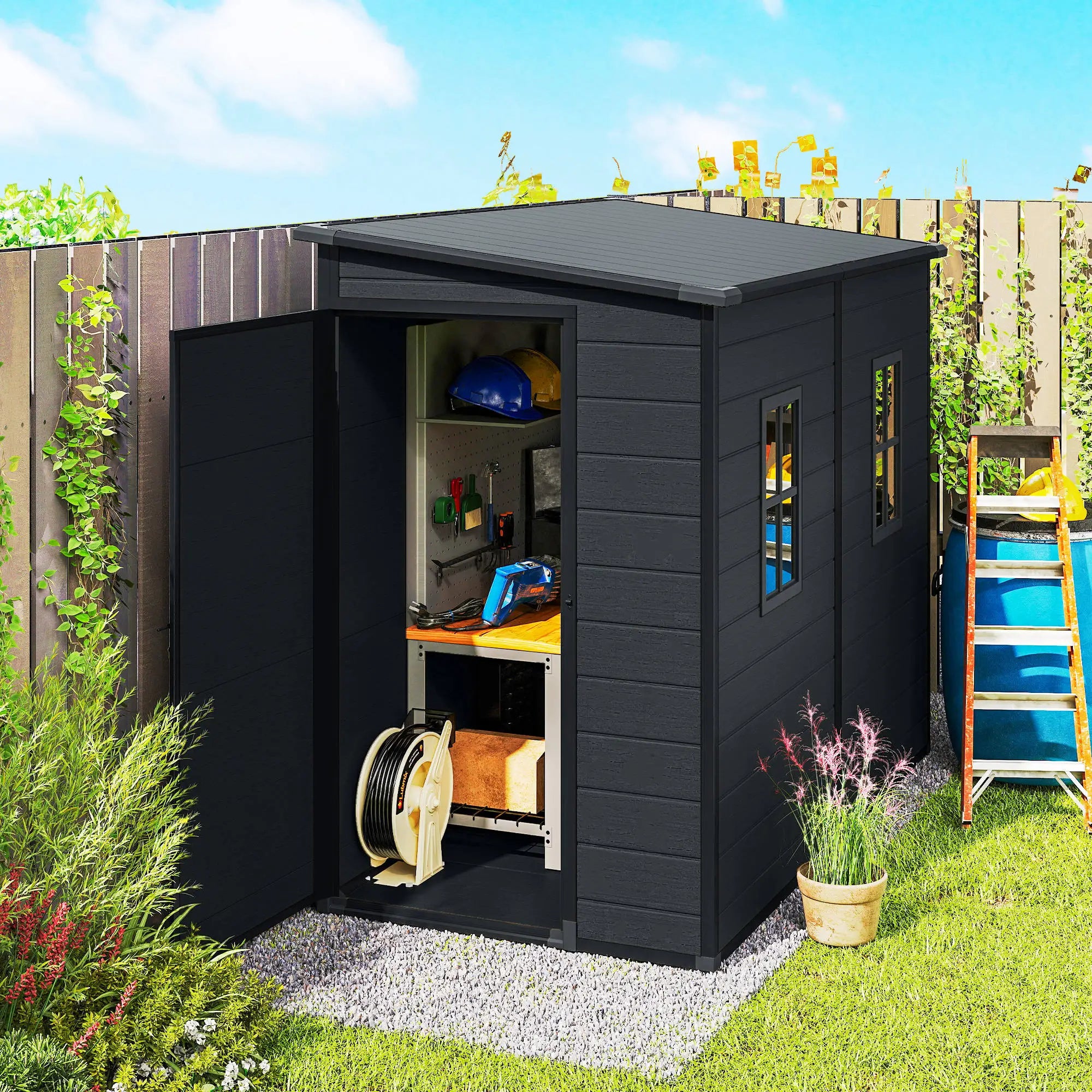 4.3' x 8' Dark Grey Outdoor Storage Shed With Floor, Lockable Doors, Dark Grey Sheds at Gallery Canada