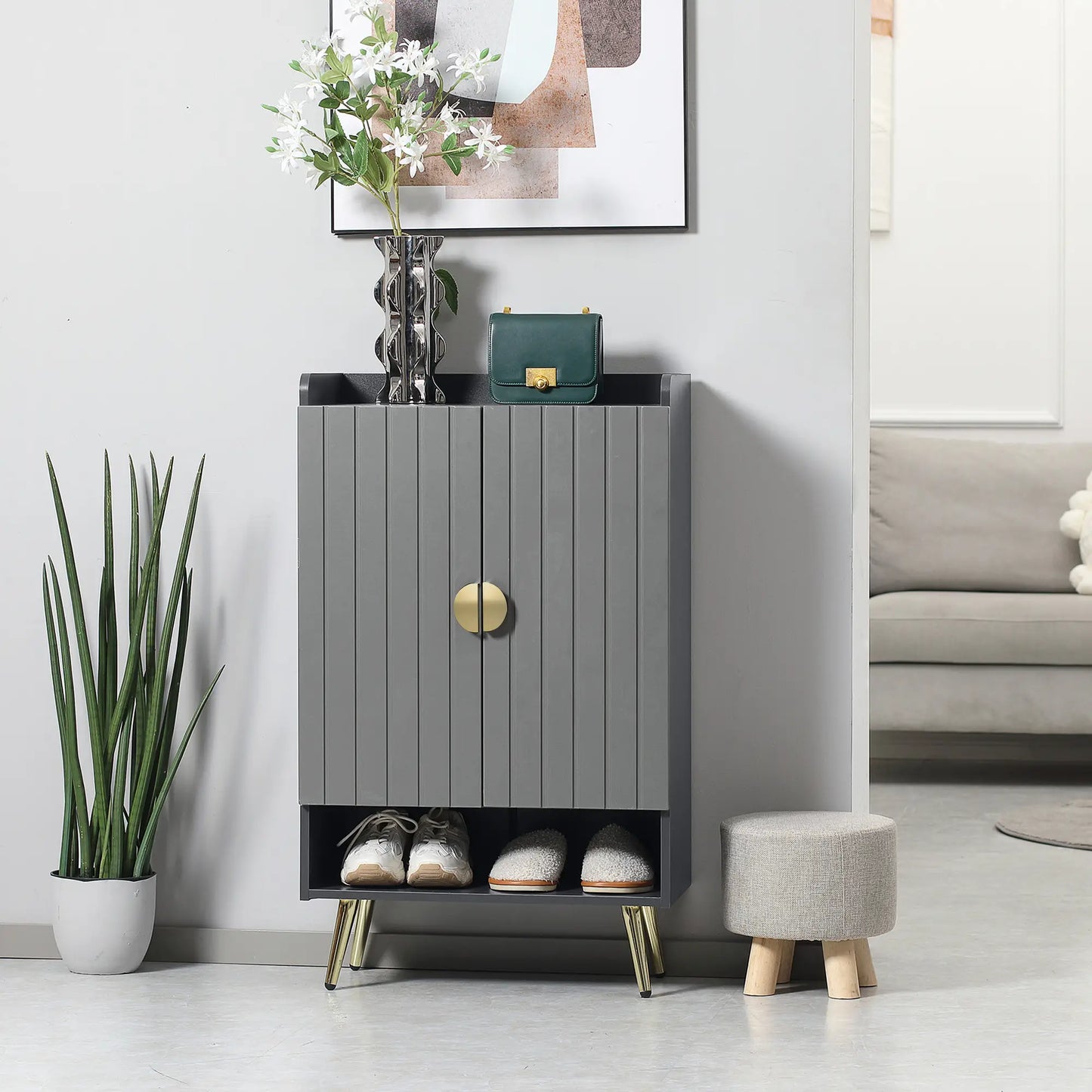 Narrow Shoe Storage Cabinet, Adjustable Shelves, Open Shelf, 15 Pairs, Grey Shoe Storage Cabinets & Racks at Gallery Canada