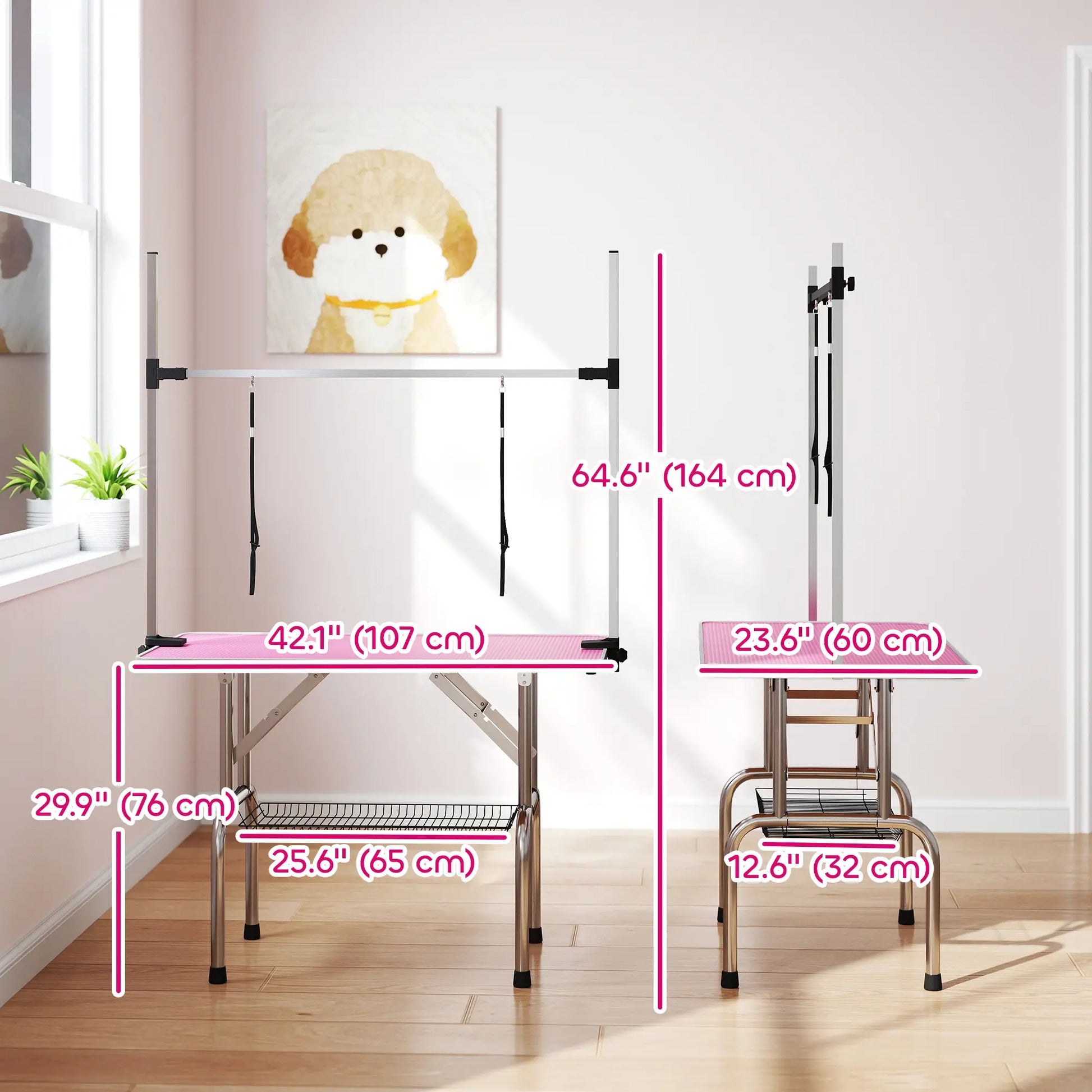 Adjustable Dog Grooming Table with 2 Safety Slings, Storage Basket, Pink Dog Grooming Tables at Gallery Canada