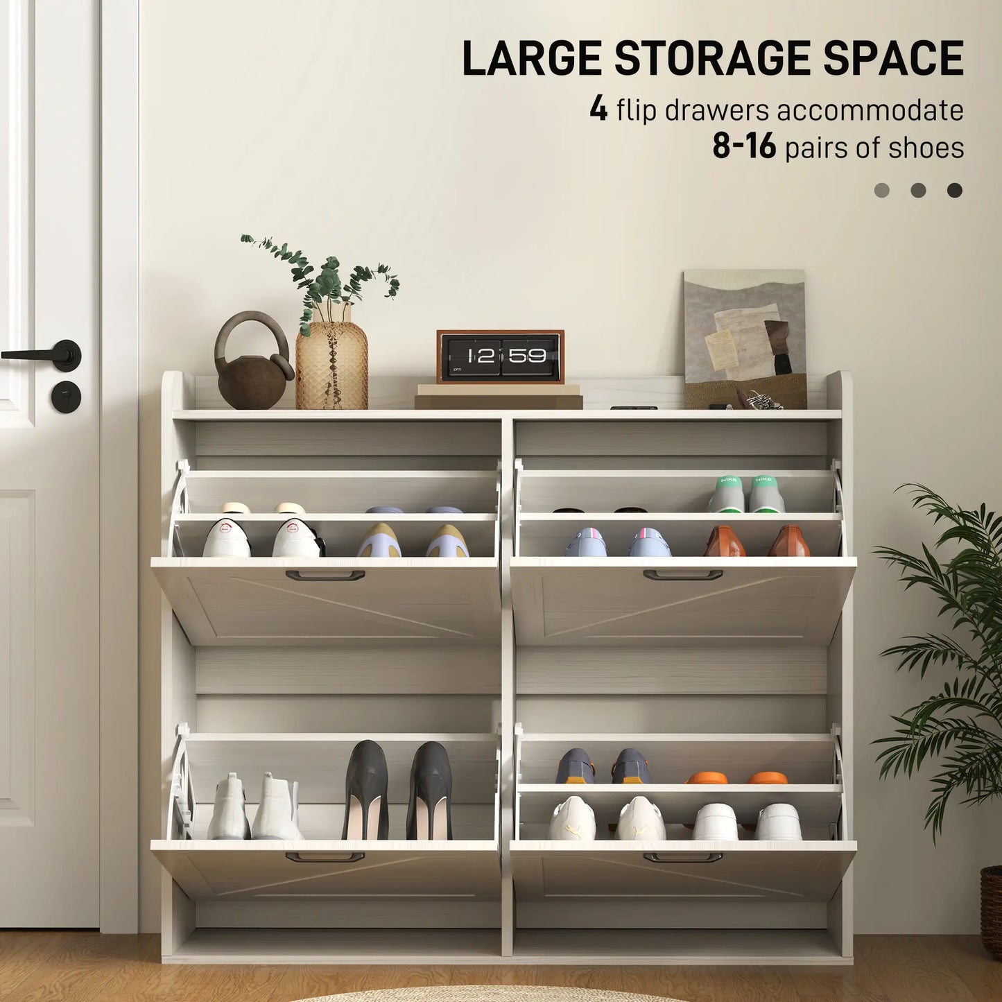 Narrow Shoe Storage Cabinet, 4 Flip Drawers, Adjustable Shelves, 16 Pair, White Oak Shoe Storage Cabinets & Racks at Gallery Canada
