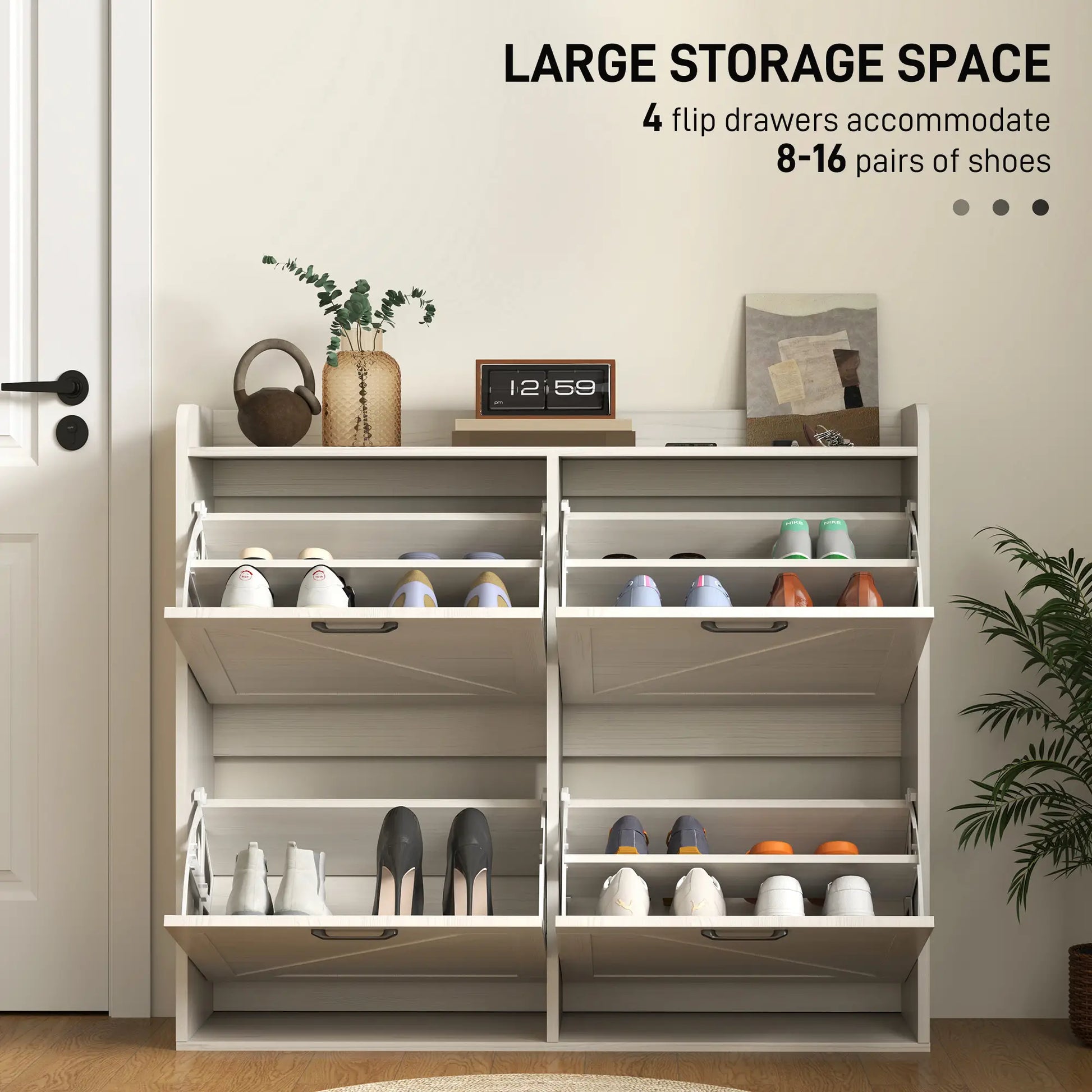 Narrow Shoe Storage Cabinet, 4 Flip Drawers, Adjustable Shelves, 16 Pair, White Oak Shoe Storage Cabinets & Racks at Gallery Canada