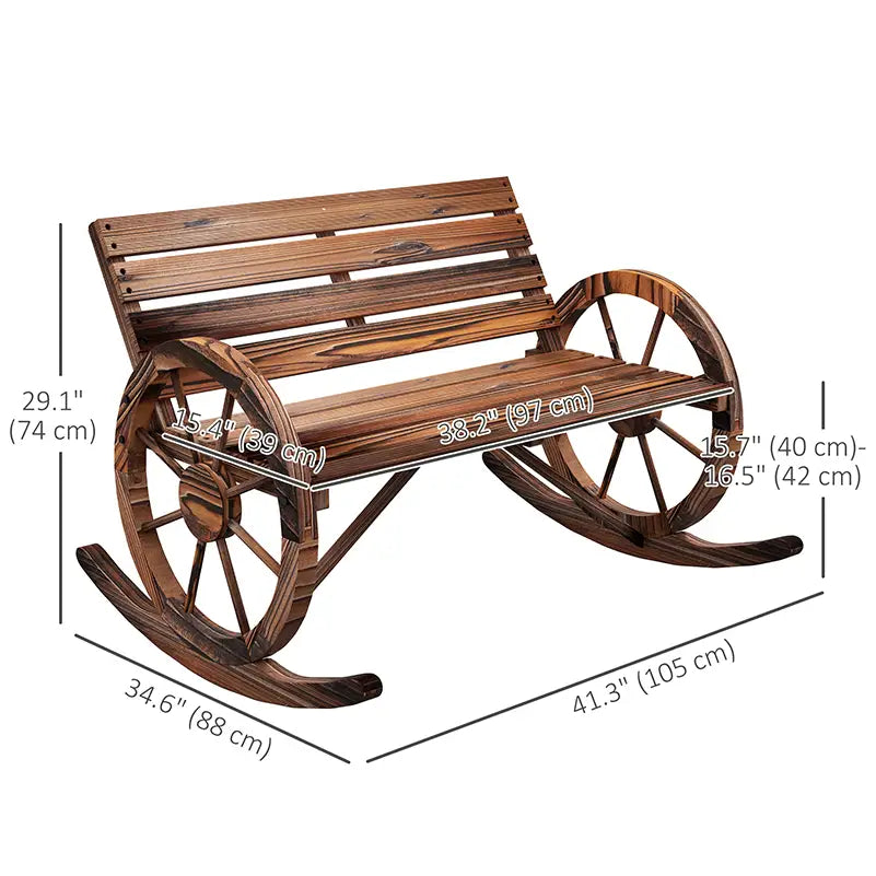Wood Outdoor Loveseat, Carbonized, Wagon Wheel Armrests Outdoor Rocking Chairs at Gallery Canada