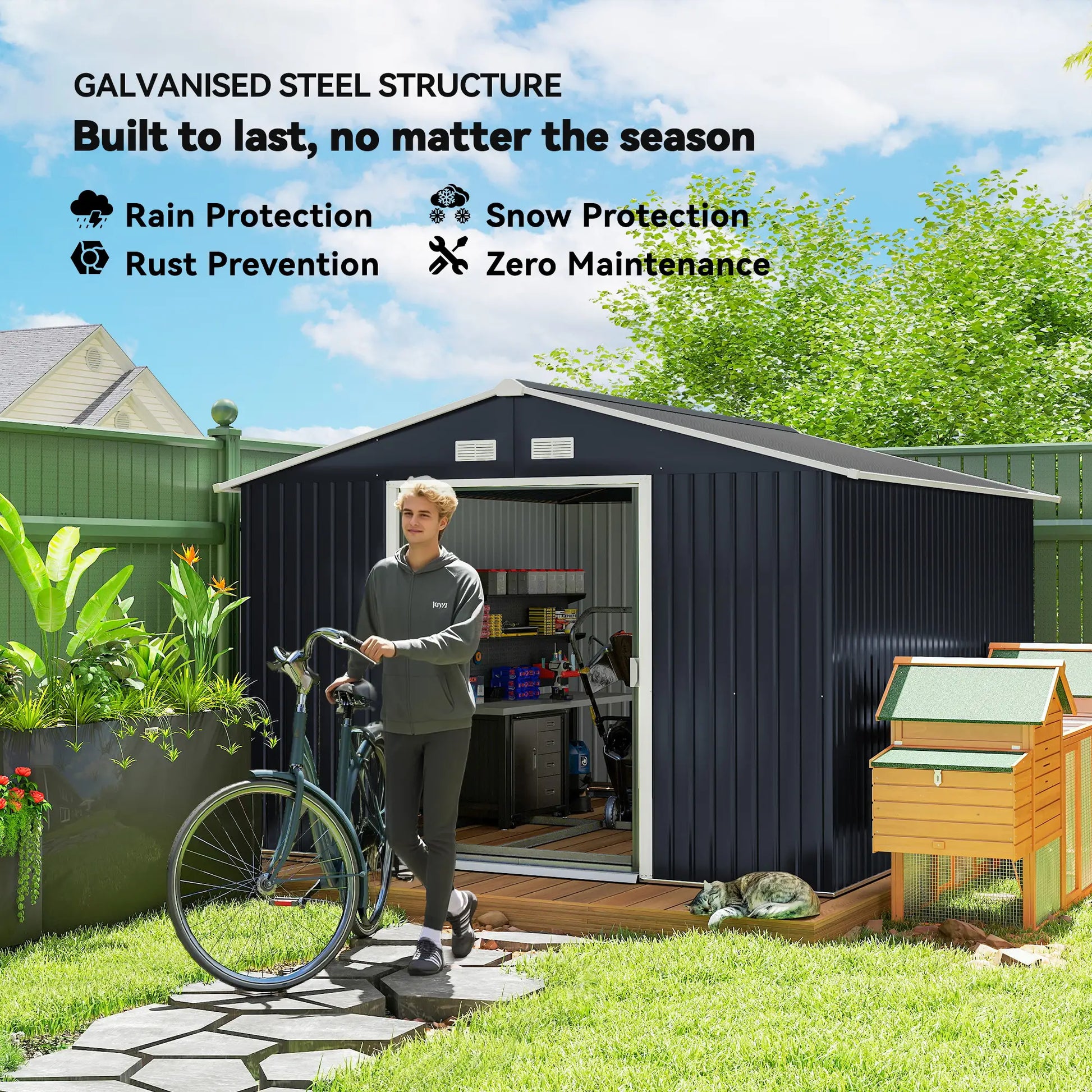 11' x 9' Metal Storage Shed, Garden Tool House, Double Sliding Doors, 4 Air Vents, Dark Grey Sheds at Gallery Canada