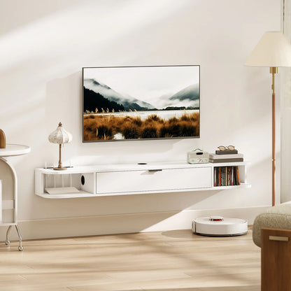 55 Inch Floating TV Stand, Wall Mounted Media Console, Flip Drawer, 2 Shelves, White TV Stands at Gallery Canada