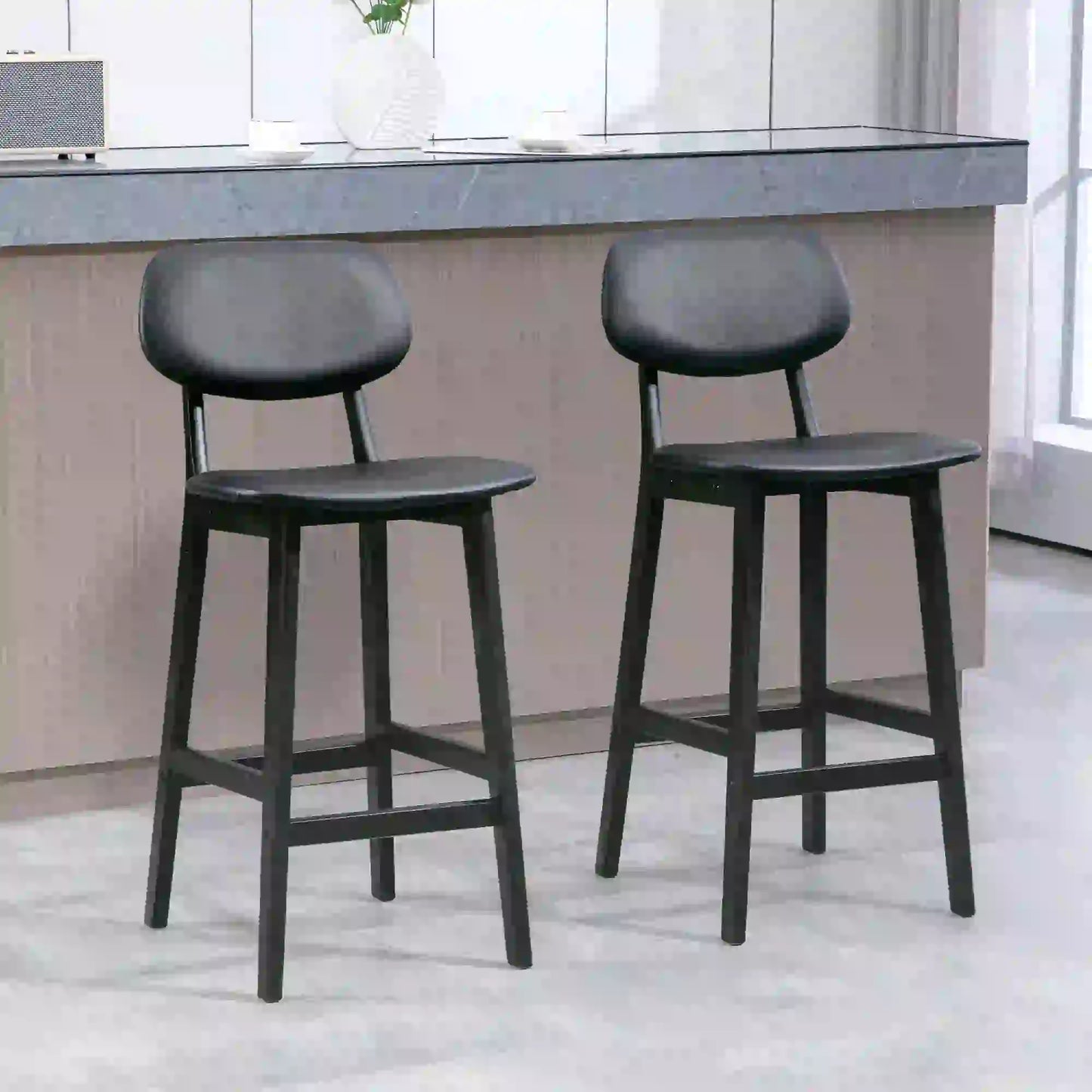 PU Leather Bar Stools Set of 2, Counter Height with Footrest, Solid Wood Legs, Black Bar Stools at Gallery Canada