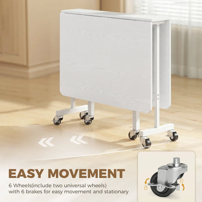 Six-Seater Drop-Leaf Dining Table with Wheels, White