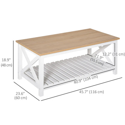 Farmhouse Coffee Table, Slatted Shelf, X Bar Frame, Natural, White Coffee Tables at Gallery Canada